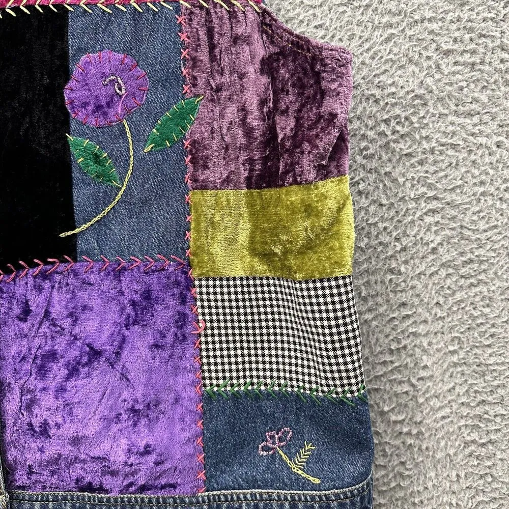 Vintage Susan Bristol Denim Jean‎ Floral Embroidered Patchwork Vest Y2K Women L - Image 3