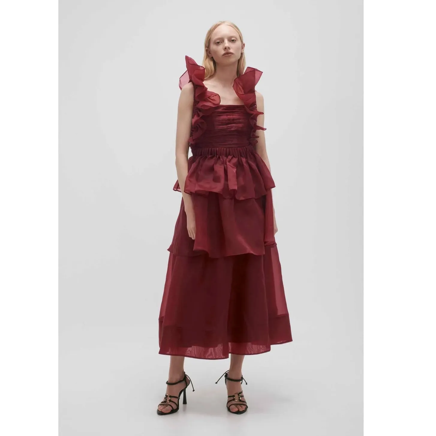 Aje Asra Pleated Frill Midi Dress Size AU/10, US/6 Red - Image 3