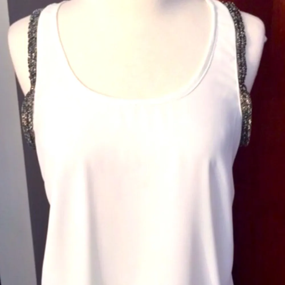 White Sheer Embellished  Beaded Arm Tank Top - Image 3