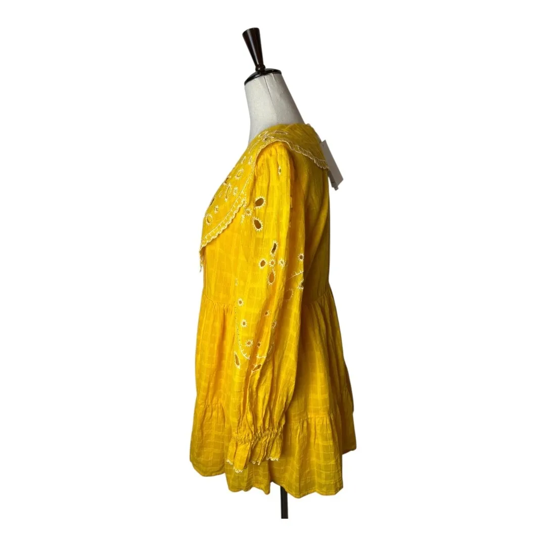 RAHI Anthropologie Dress Women Small Yellow Marigold Eyelet Collar Mini Boho NWT - Image 6
