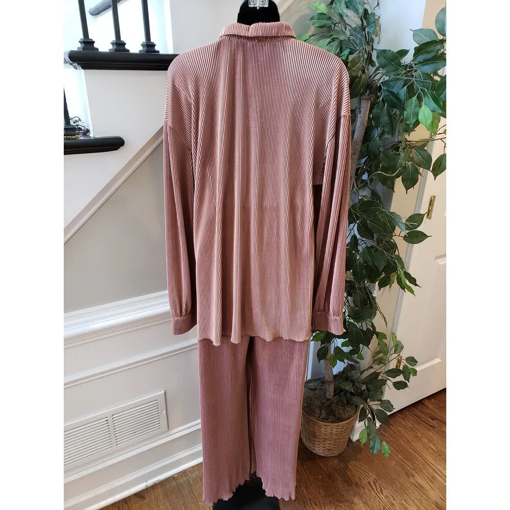 Women Pleated Lounge Set XL Pink Long Sleeve Button Top Wide Leg Pants 2 Piece - Image 13