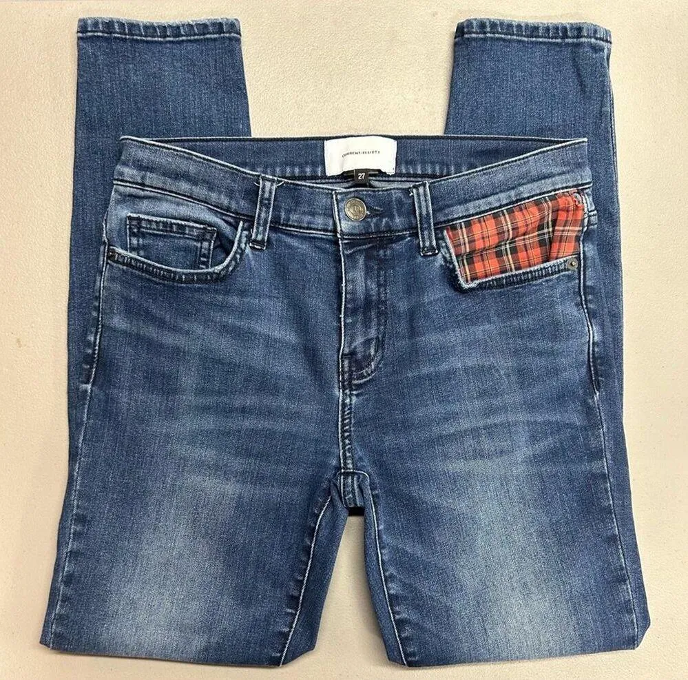 Current Elliott Denim Blue Jeans Red Plaid Patch Pockets Skinny Womens Size 27 - Image 4