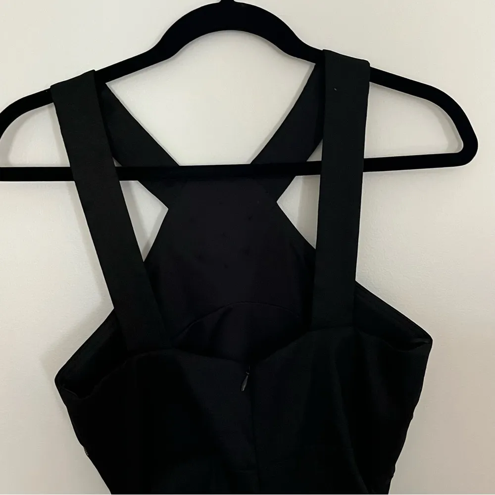 Betsy & Adam Black Knee Length Cocktail Dress Rouching and Zipper Flower Detail - Image 7