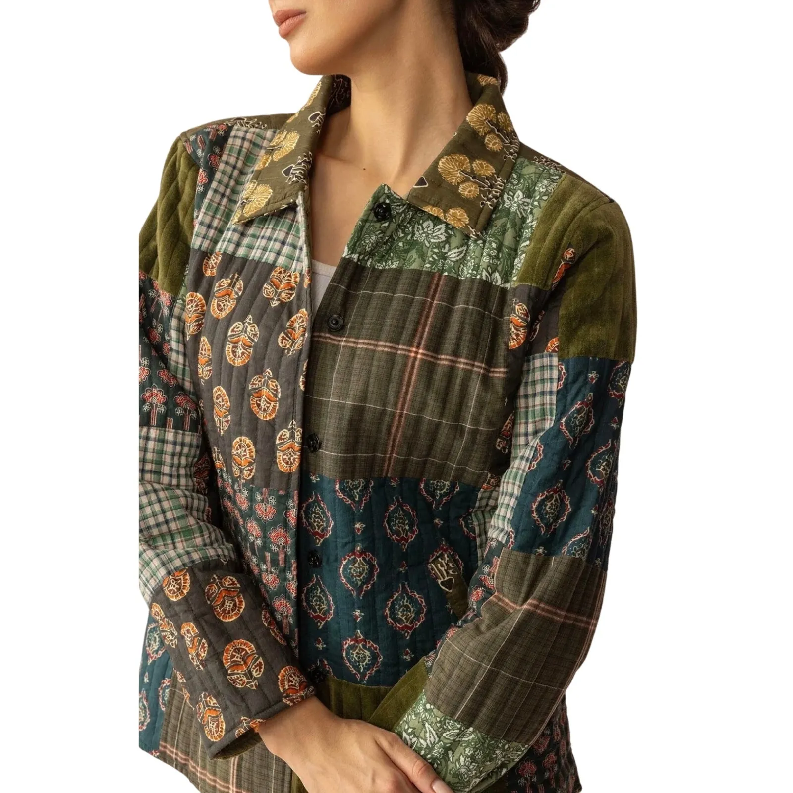 NWT Boutique Boho Meadow Folk Quilted Patchwork Jacket in Dusty Green Size L - Image 4