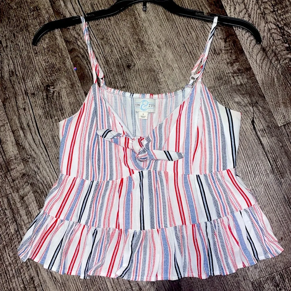 Jun & Ivy Boutique Striped Front Tie Tank Top Small Cropped Red White Blue Adjustable cami - Image 3