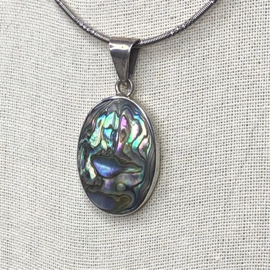 Vintage Oval Abalone Cabochon Pendant On Sterling Silver Snake Chain Necklace Purple - Image 5