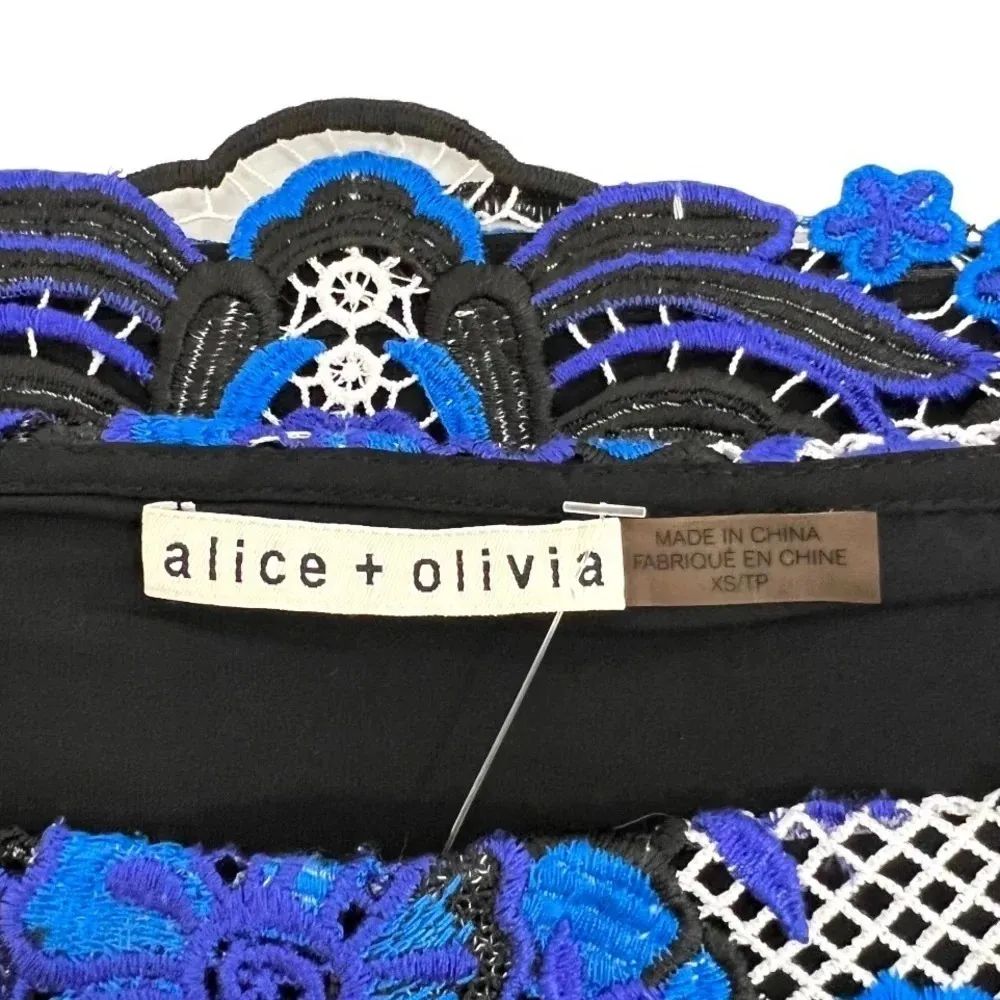 Alice + Olivia Maxie Lace Off Shoulder Embroidery Top Blouse Blue Multi Size XS - Image 10