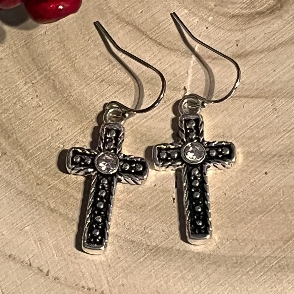 Cross Silver Tone Antique Earrings - Image 2