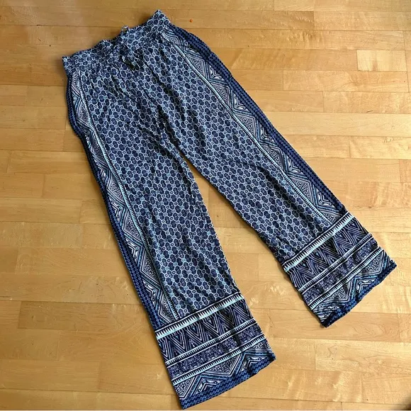 Ava Christine Abstract, Low Rise, Wide Leg Pant, Aqua, Navy Blue, Size XS/S Blue - Image 1