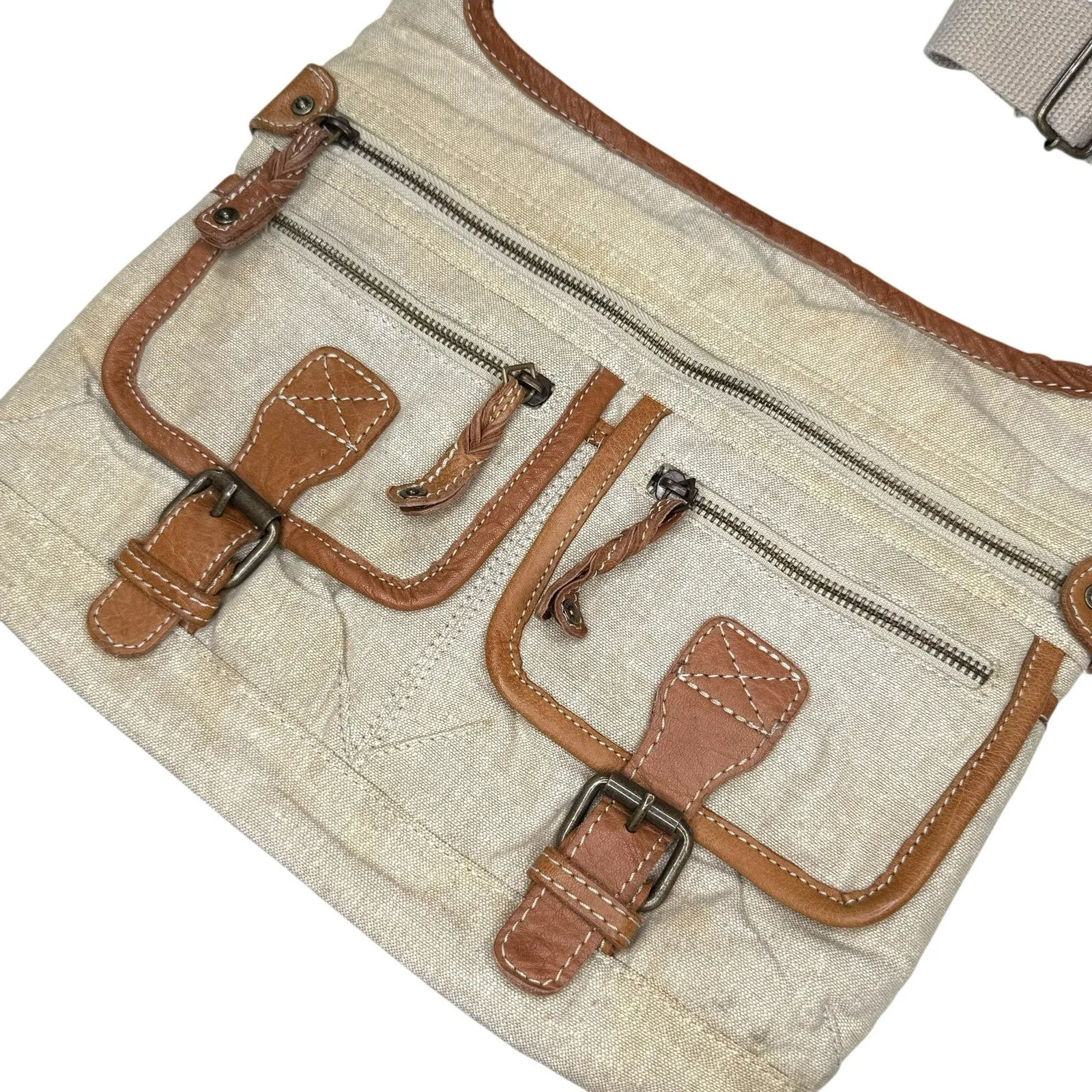 Fat Face Y2K Canvas‎ Leather Crossbody Messenger Bag Utility Pockets Rare Unused Tan - Image 4