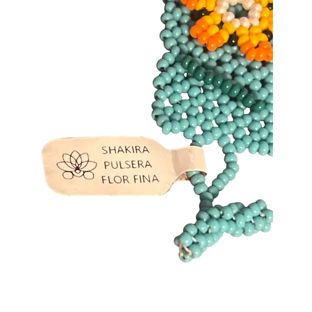 Shakira Huichol Seed Bead Cuff Bracelet 3D Flowers Turquoise Orange 3 Sizes NWT - Image 8