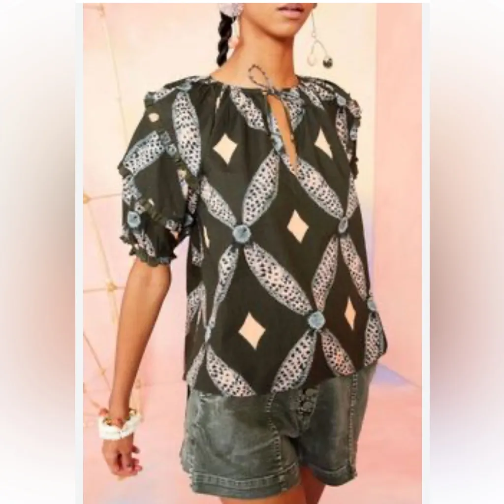 Ulla Johnson Arusi Cotton Poplin Top Size 8 Army Diamond Print Puff Sleeve Large - Image 15