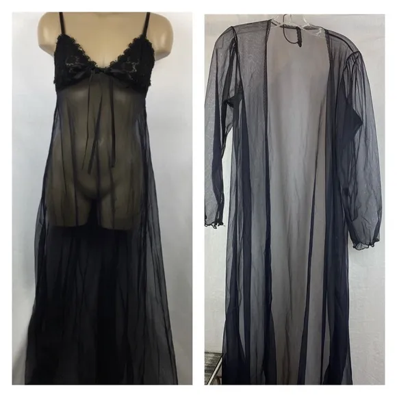 Black Lace & Nylon Sheer Long Sleep Dress & Robe Set L Size L - Image 2