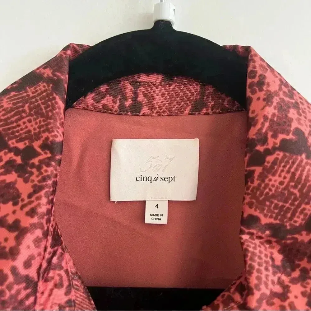 167 Cinq a Sept Gaby Tie Front Snake Print Shirt Dress Size 4 Red - Image 7