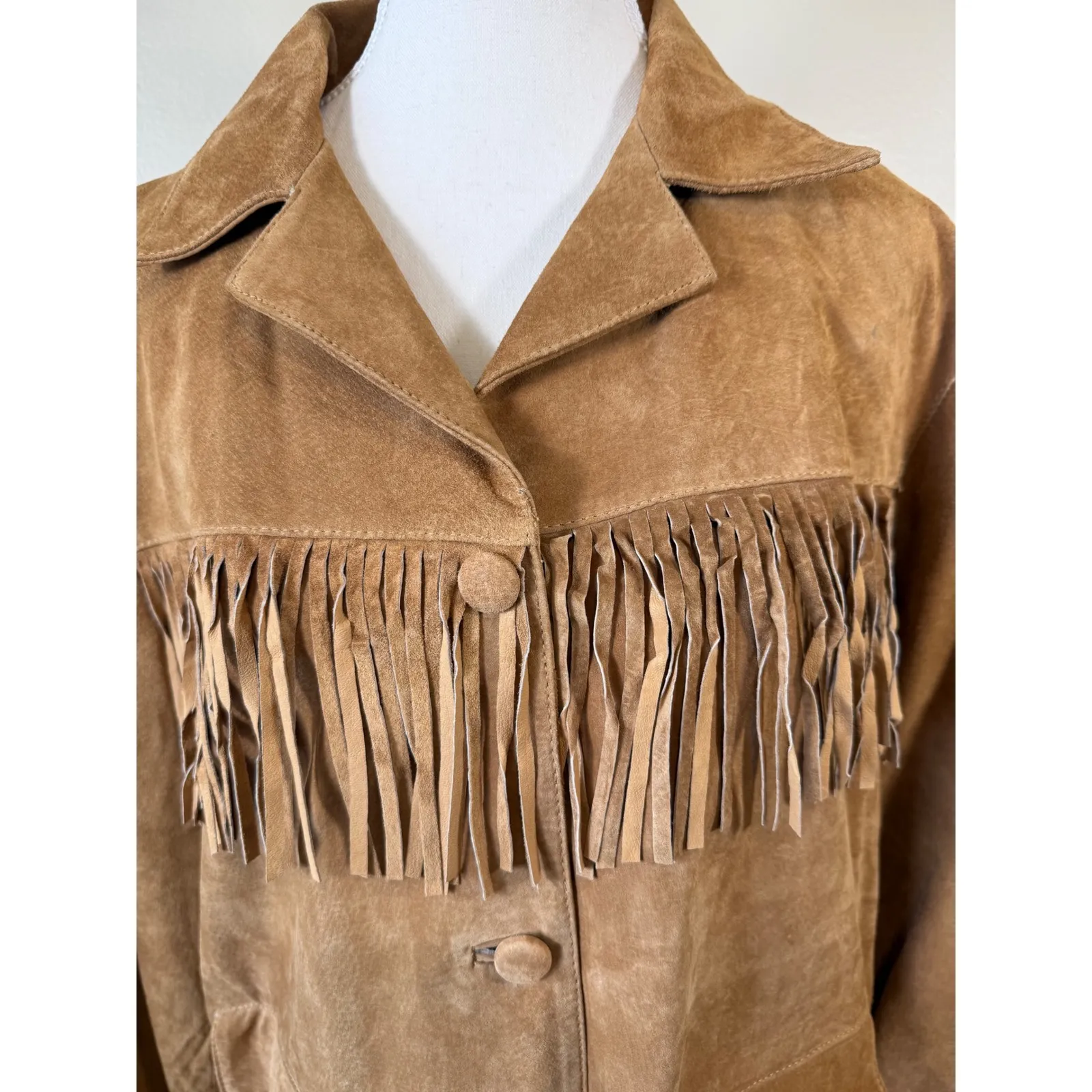 Leather Suede Fringe Tan Women Jacket Western Boho Style Size XL Cowgirl Rodeo Brown - Image 4