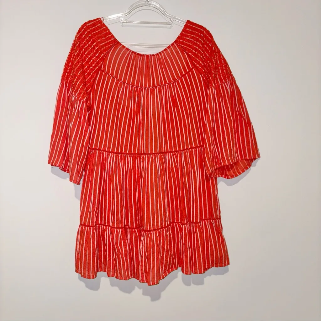 Free people Lola Tiered Babydoll Striped‎ Tassel Dress Capri orange white medium - Image 3