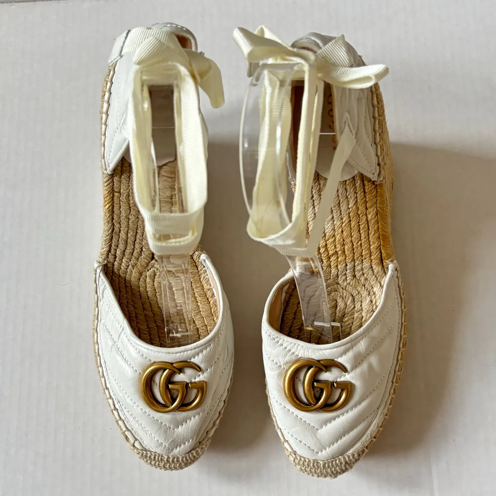 Gucci GG Espadrille Wedge Sandals Ankle Wrap Quilted Matelasse Leather Size 39.5 - Image 2
