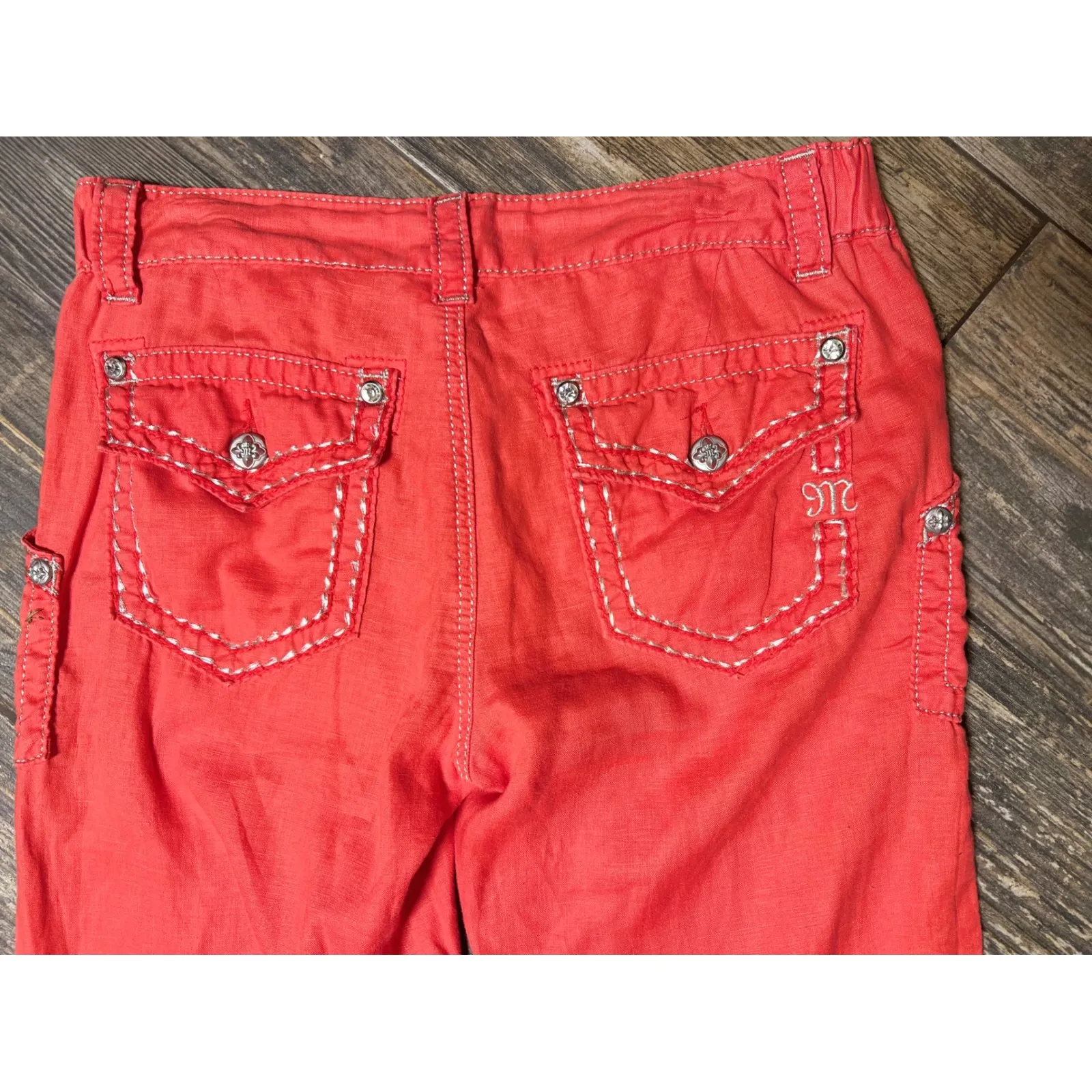 Miss Me Cargo Pants Trouser Medium Red 100% Linen Wide Leg BLING Boho Y2K TALL - Image 10