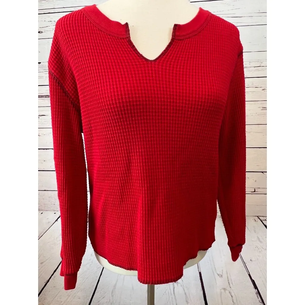 Madewell long sleeve thermal shirt‎ Red waffle knit Vneck Christmas Small Blouse - Image 11