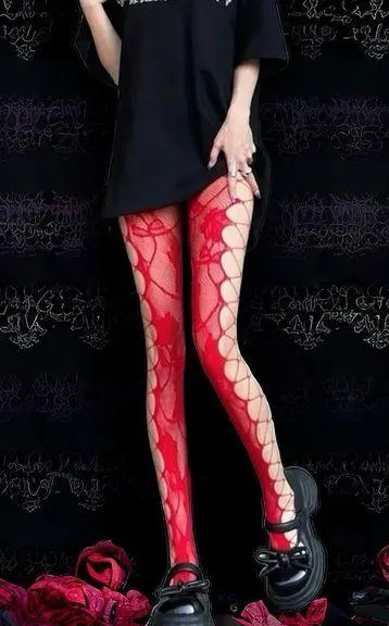 Red Floral Jacquard Fishnet Tights Hollow Out High Waist Mesh Pantyhose One Size - Image 2