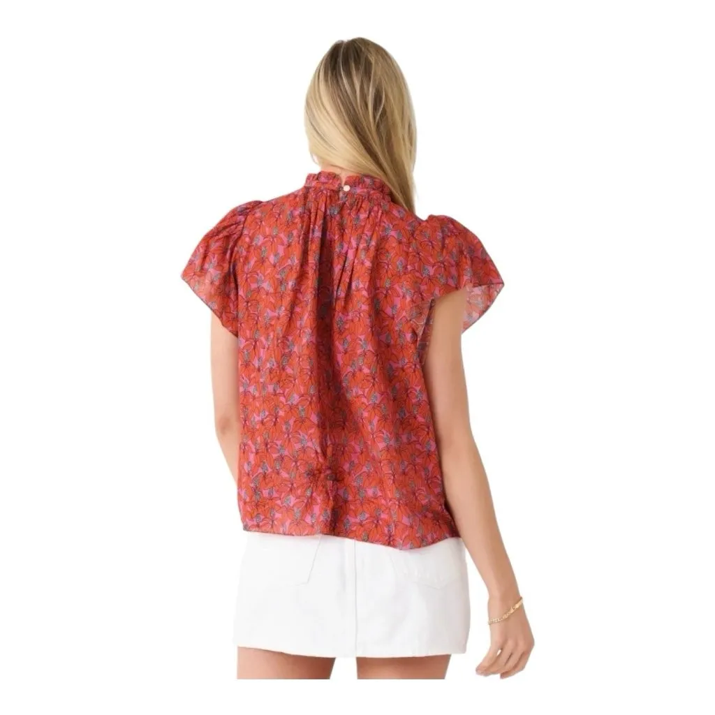 Trovata Carla Floral Blouse Large High Neck Red Pink Fan Flower NWT Cotton - Image 3
