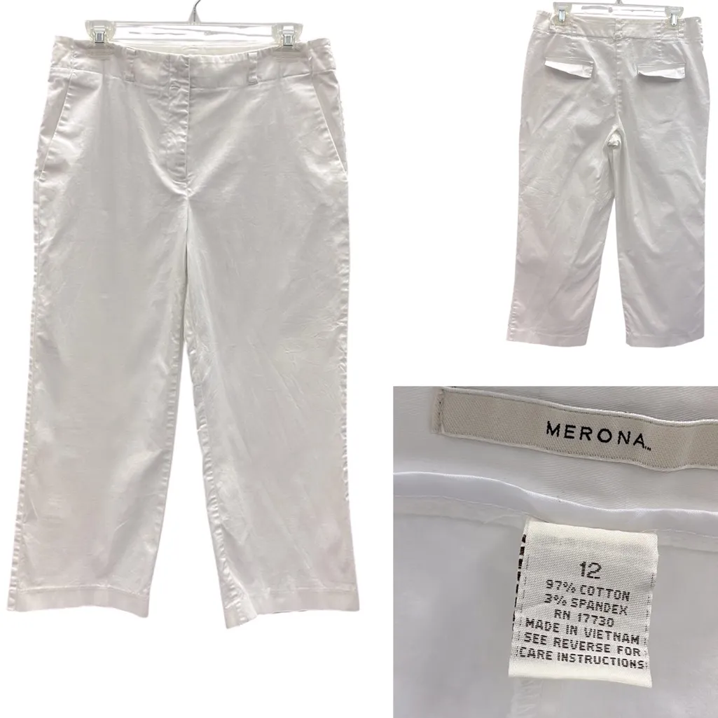 Merona White Cotton Contour Fit Cropped 2 Pocket Stretch Pants Womens 12 - Image 2