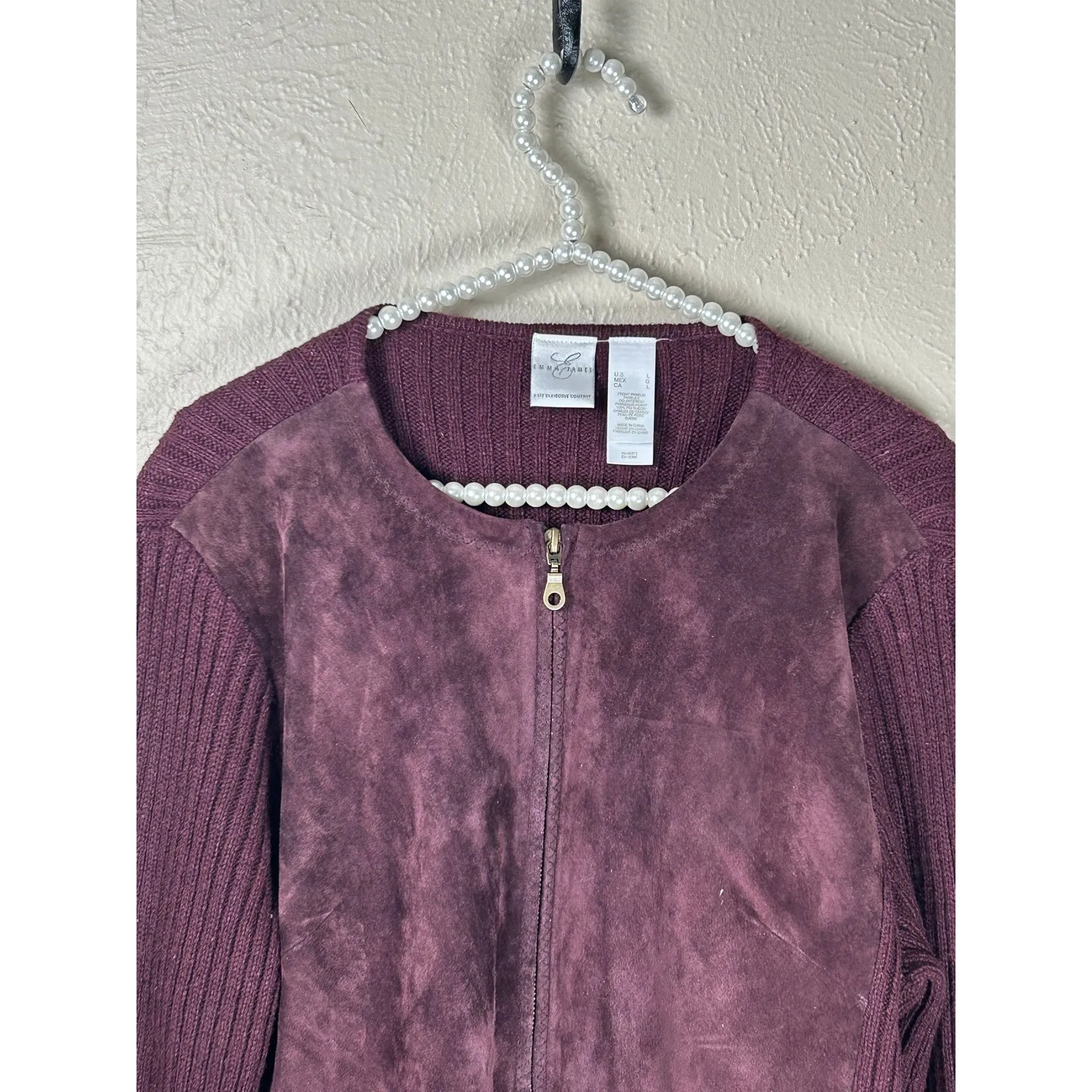 Emma James Suede Jacket Size Large Full Zip Wool Knit Maroon Coat Streetwear - Image 2