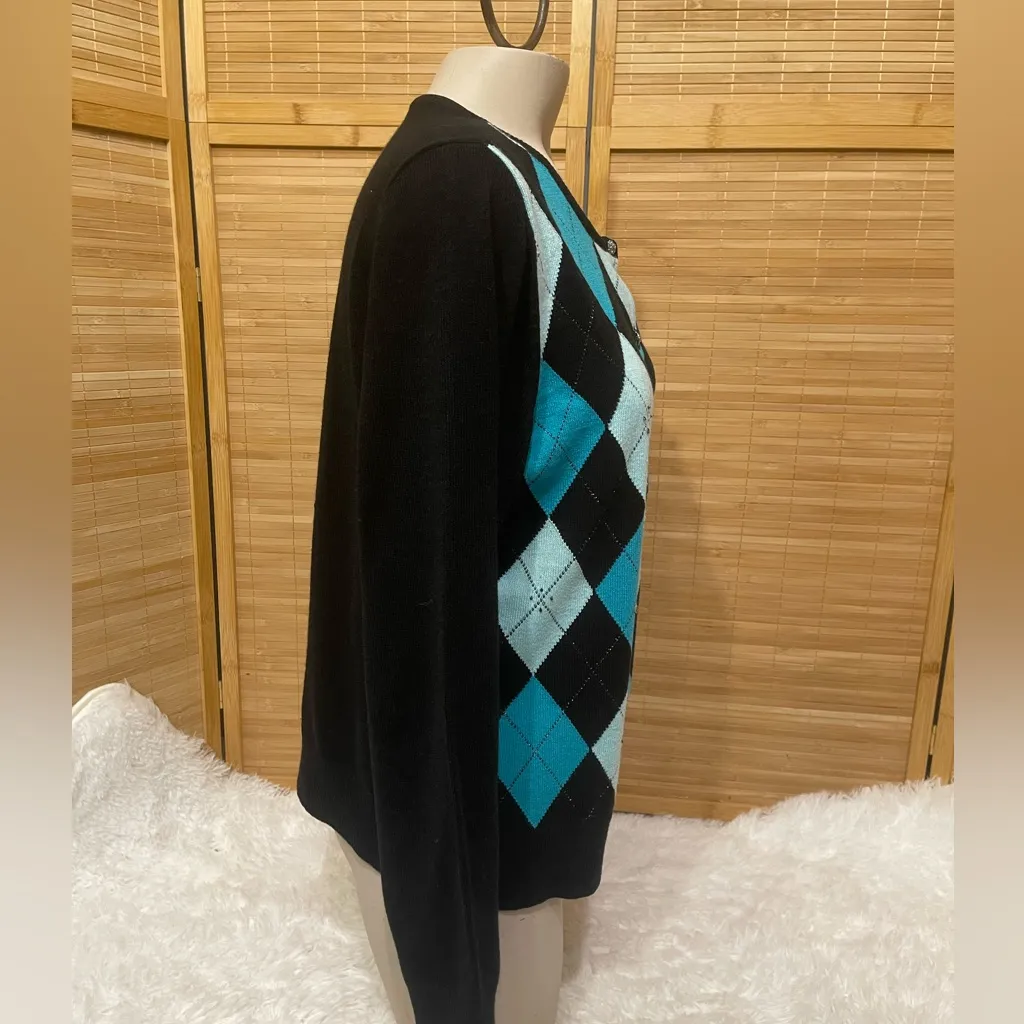 New York & Co. black turquoise argyle button up sweater cardigan woman’s XL Blue - Image 2