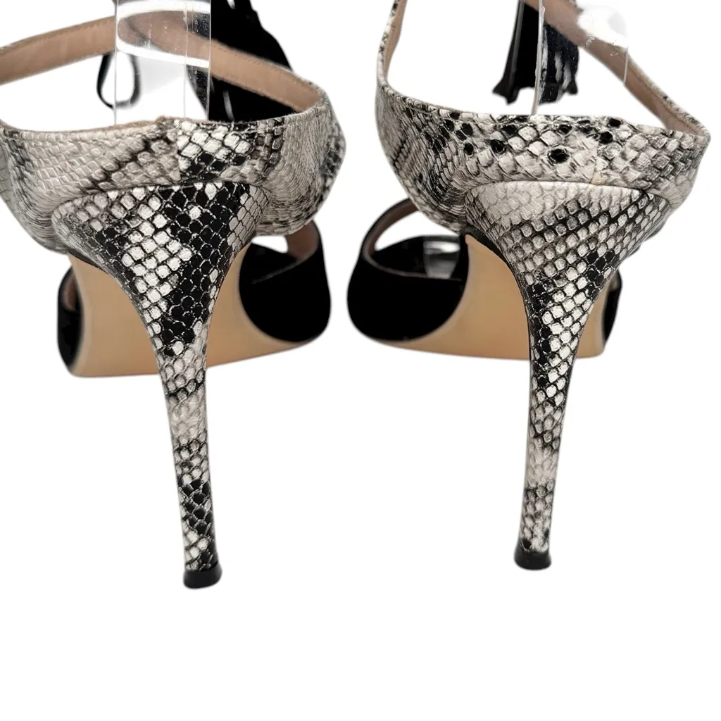 Oilyong Fringed Black Fashion Stiletto Snakeskin Cross Strap Sandals Sz 8.5 - Image 5