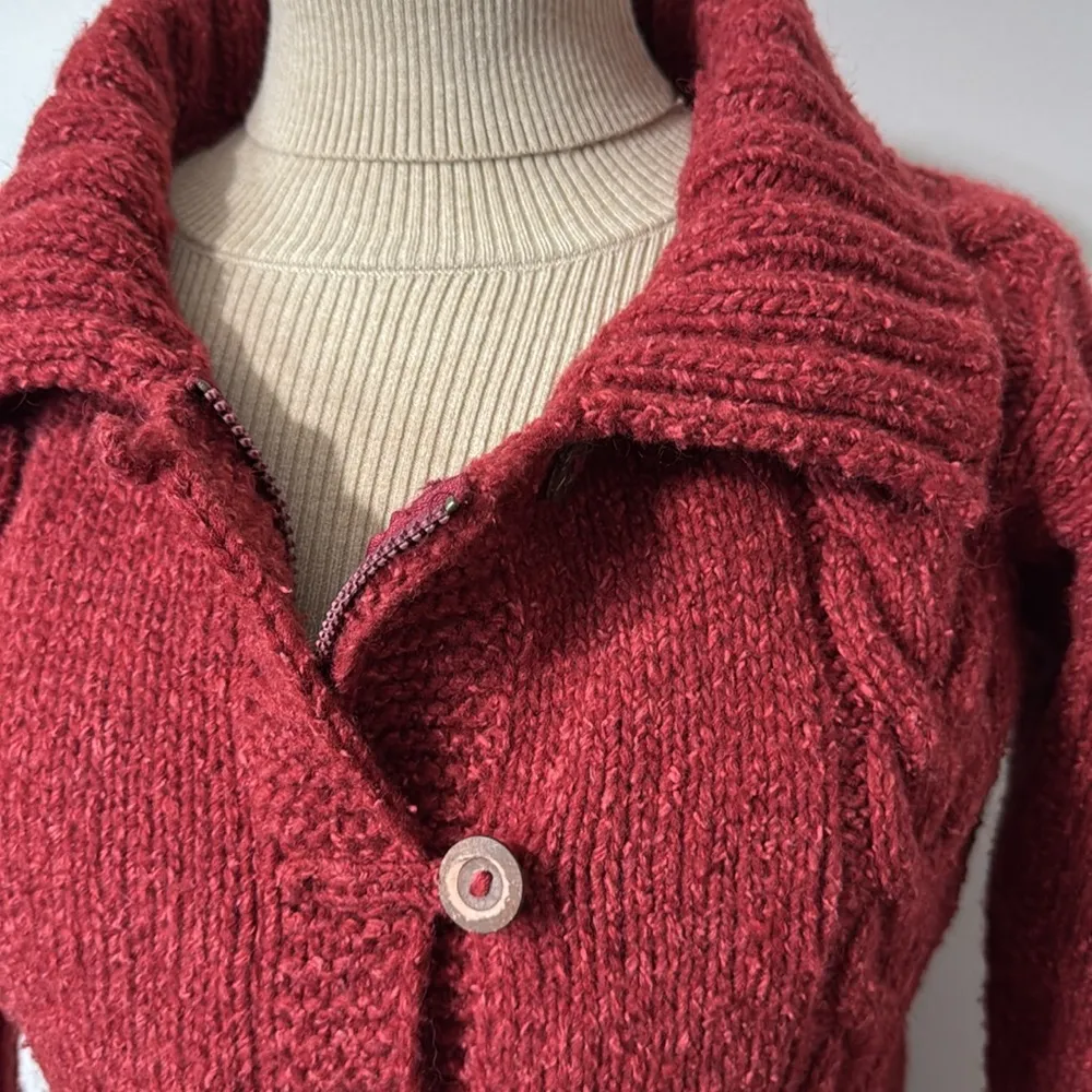 ECC Red Collared Chunky Cardigan Wool/Cotton Sweater Size M Size M - Image 2