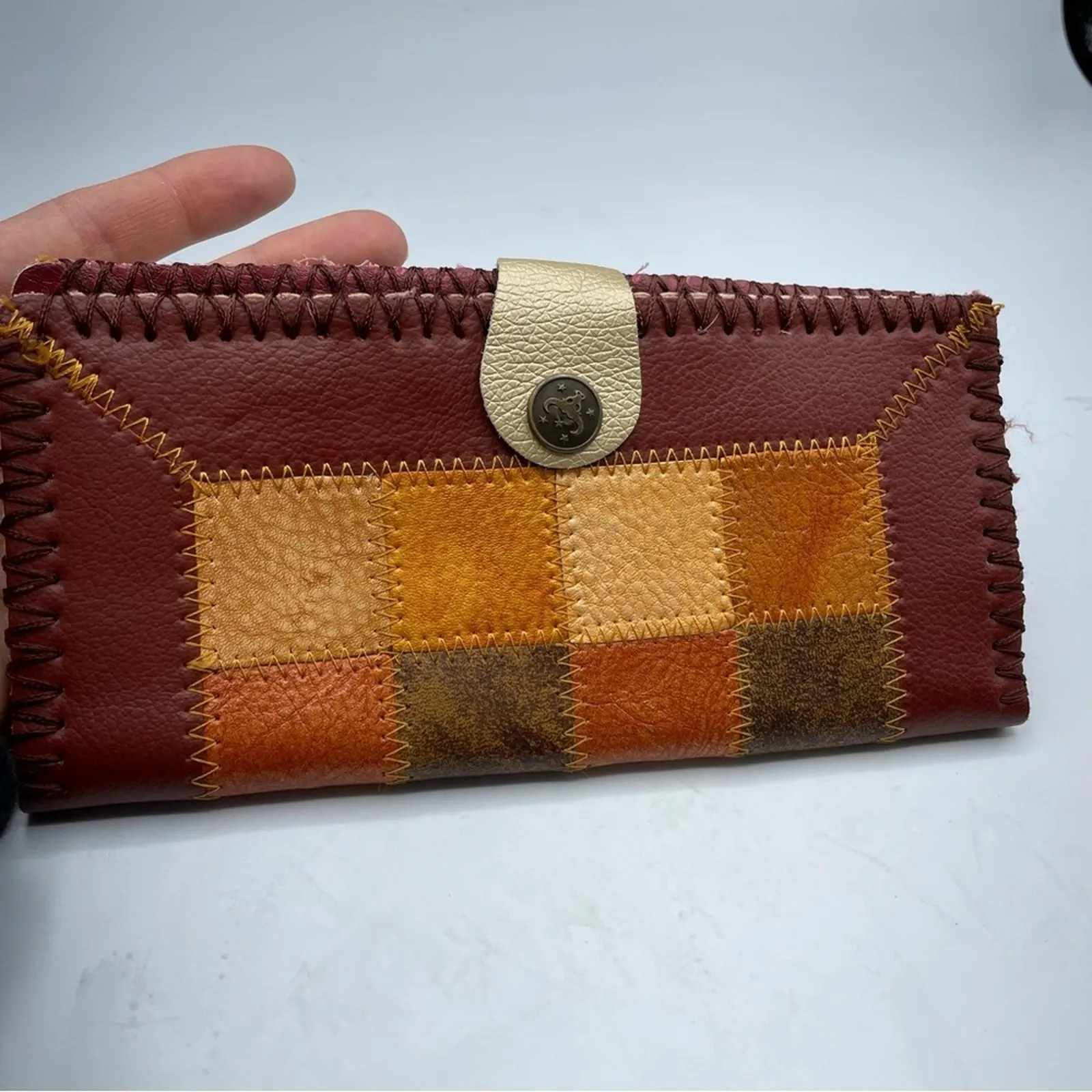 Leather Patchwork Multi Color Womens Wallet Fall Orange Red Snap Closure - Image 5