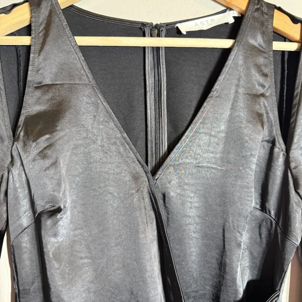 ASTR the Label Long Sleeve Cutout Faux Wrap Mini Dress Womens Medium Black Satin - Image 8