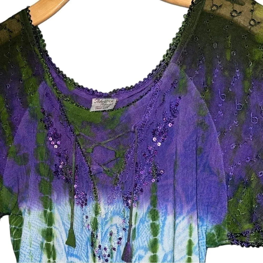 Advance Apparels One Size Purple Green Tie Dye Dina Relaxed Sequin Blouse Top - Image 4