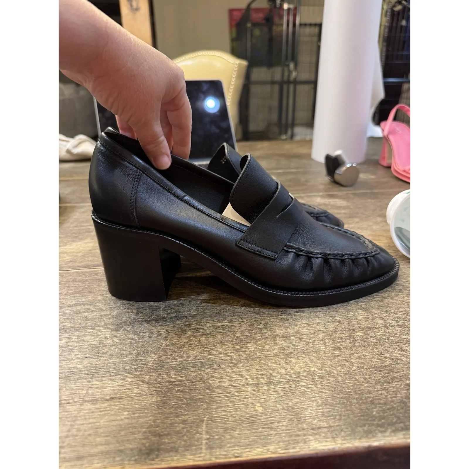 $595 NEW AQUATALIA Josette Black Leather Penny Loafer Heels Women Size‎ 10.5 - Image 5