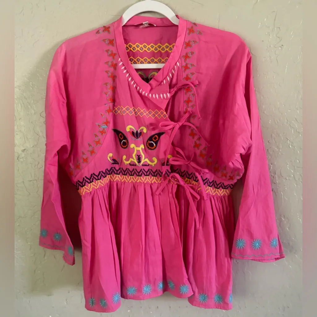 Frances Valentine Blouse Womens M Pink Embroidered Barbiecore Wrap Boho Tunic Size M - Image 2