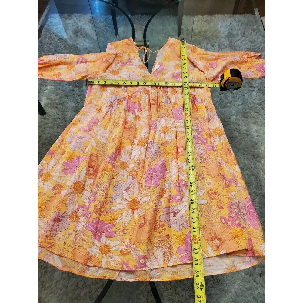 H&M Women's Yellow Floral Viscose V-Neck Long Sleeve Knee Length Dress Size M - Image 7