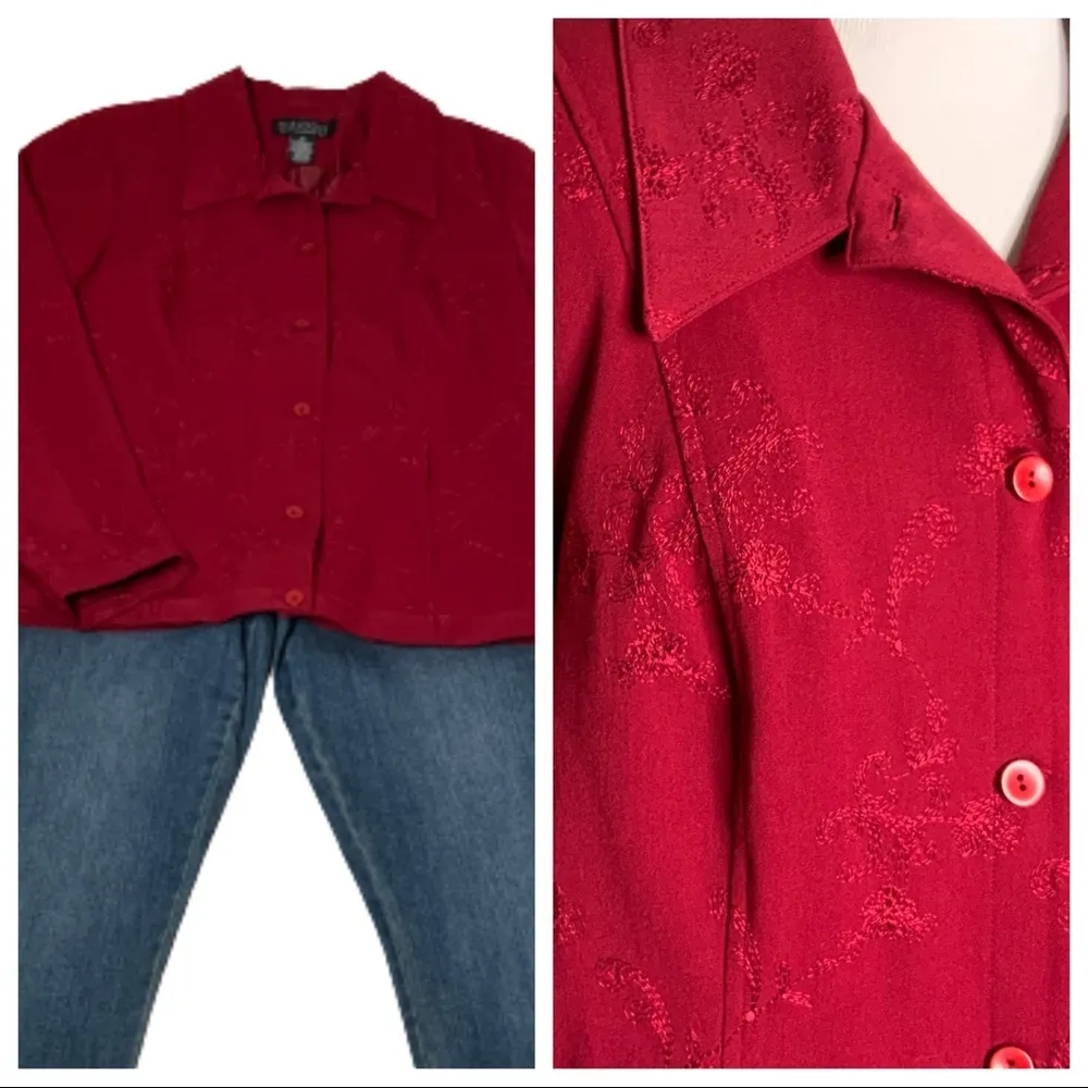 Dialogue Red Floral Embroidered Button Up Casual Dressy Career Jacket Size 12 - Image 12