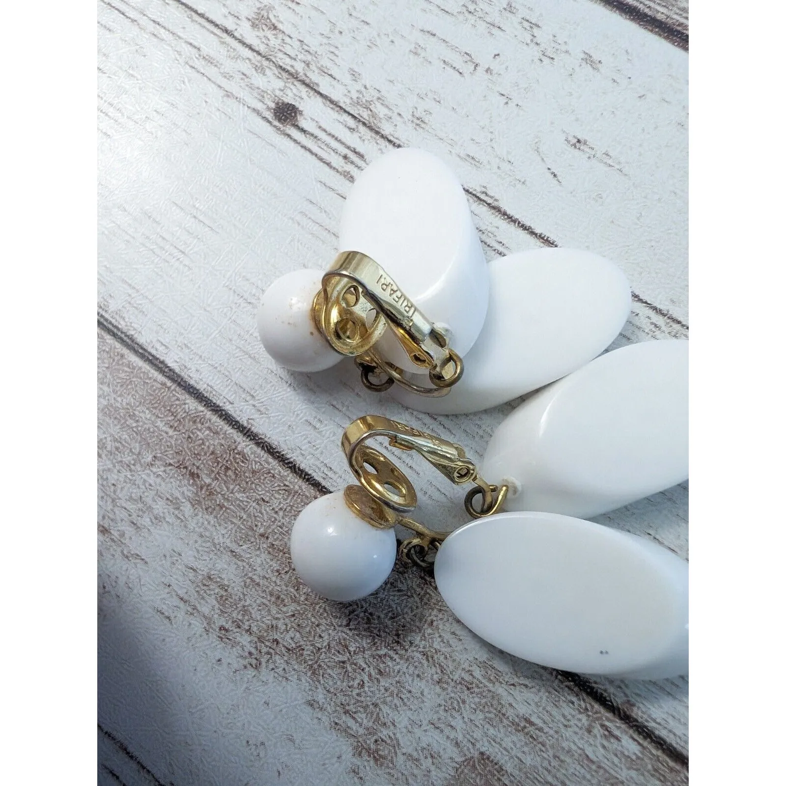 Vintage Trifari Clip On Earrings - White Double Dangle - Large - Image 8