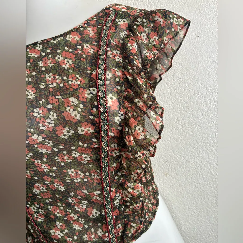 Zara Sheer Beaded Floral Ruffled Top Blouse M - Image 10