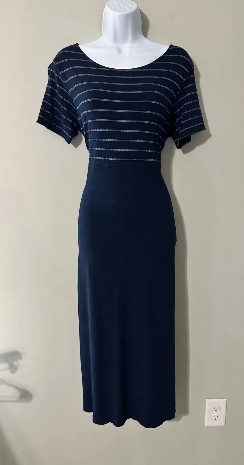 L.L.Bean Navy Blue White Stripe Midi Dress‎ Petite Medium Jersey Knit - Image 1