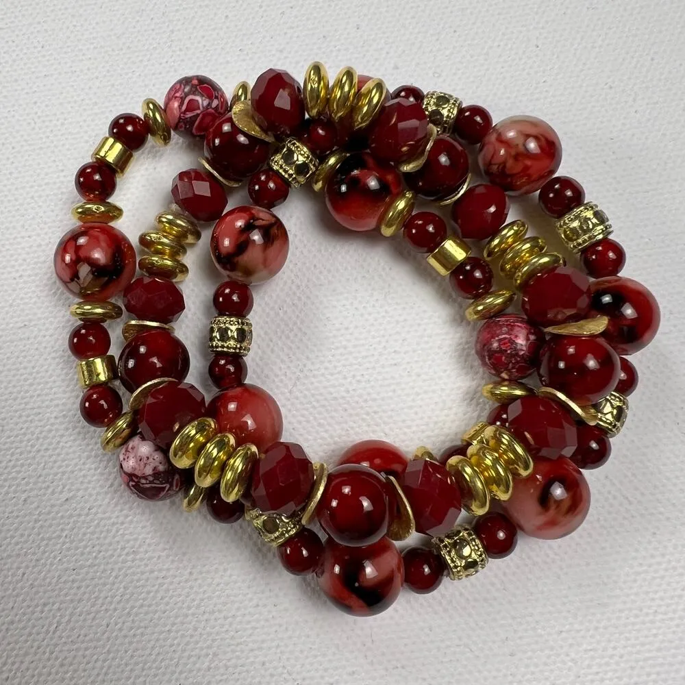 Handmade Beaded Bracelet Trio Reds and Gold Marbled Opaque Faceted Metal Beads - Image 2