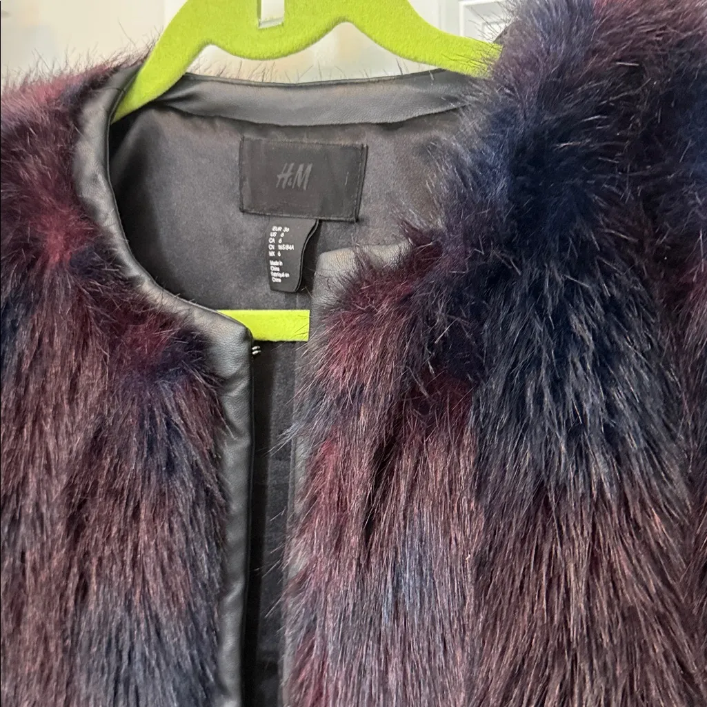 H&M Faux Fur Burgundy + Navy Toned Faux Leather Trim Coat - Image 3
