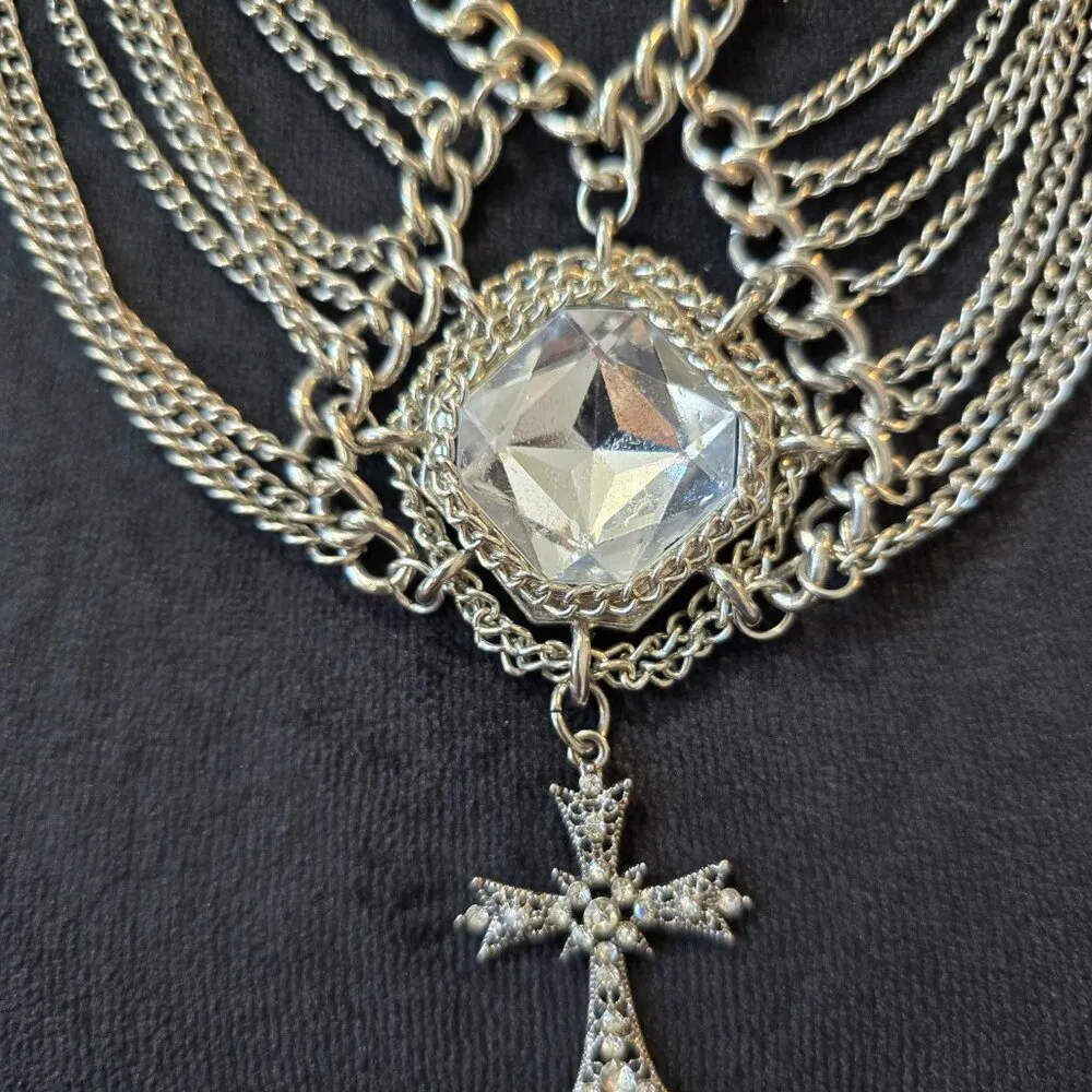 Womens Clear Crystal Silver Tone Chain Cross Pendant Necklace with Lobster Clasp - Image 3