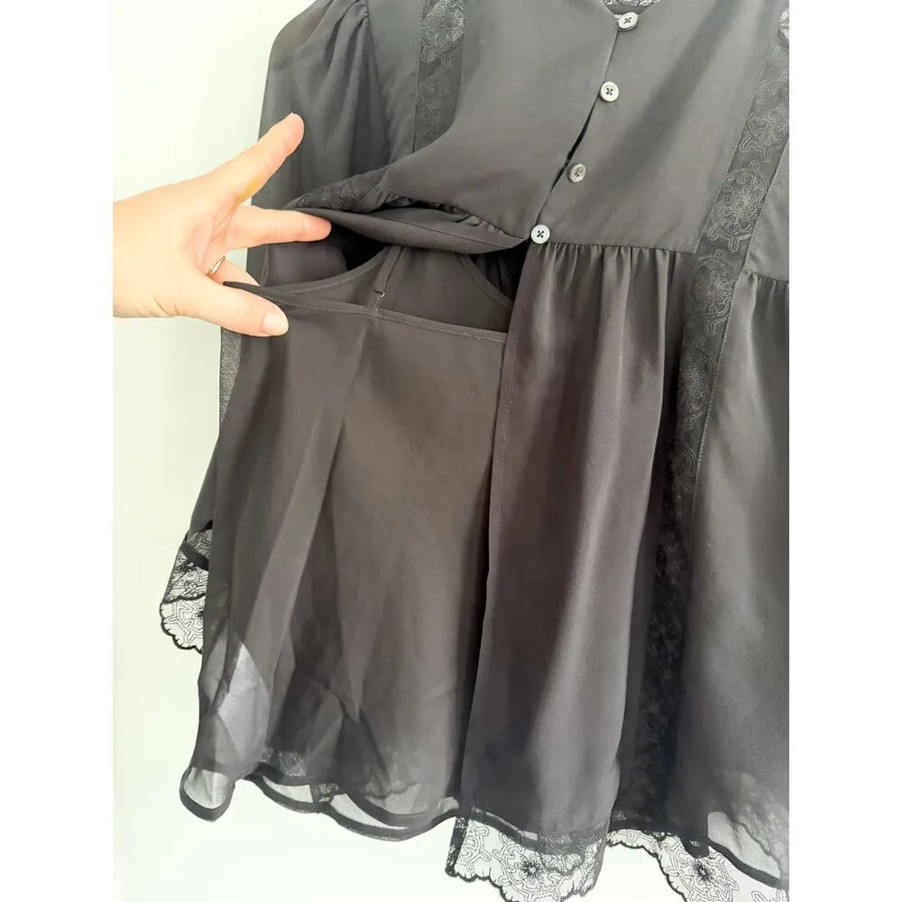 Madewell | NWT | Lace-Inset Top in Silk in True Black | Sz XXS - Image 9