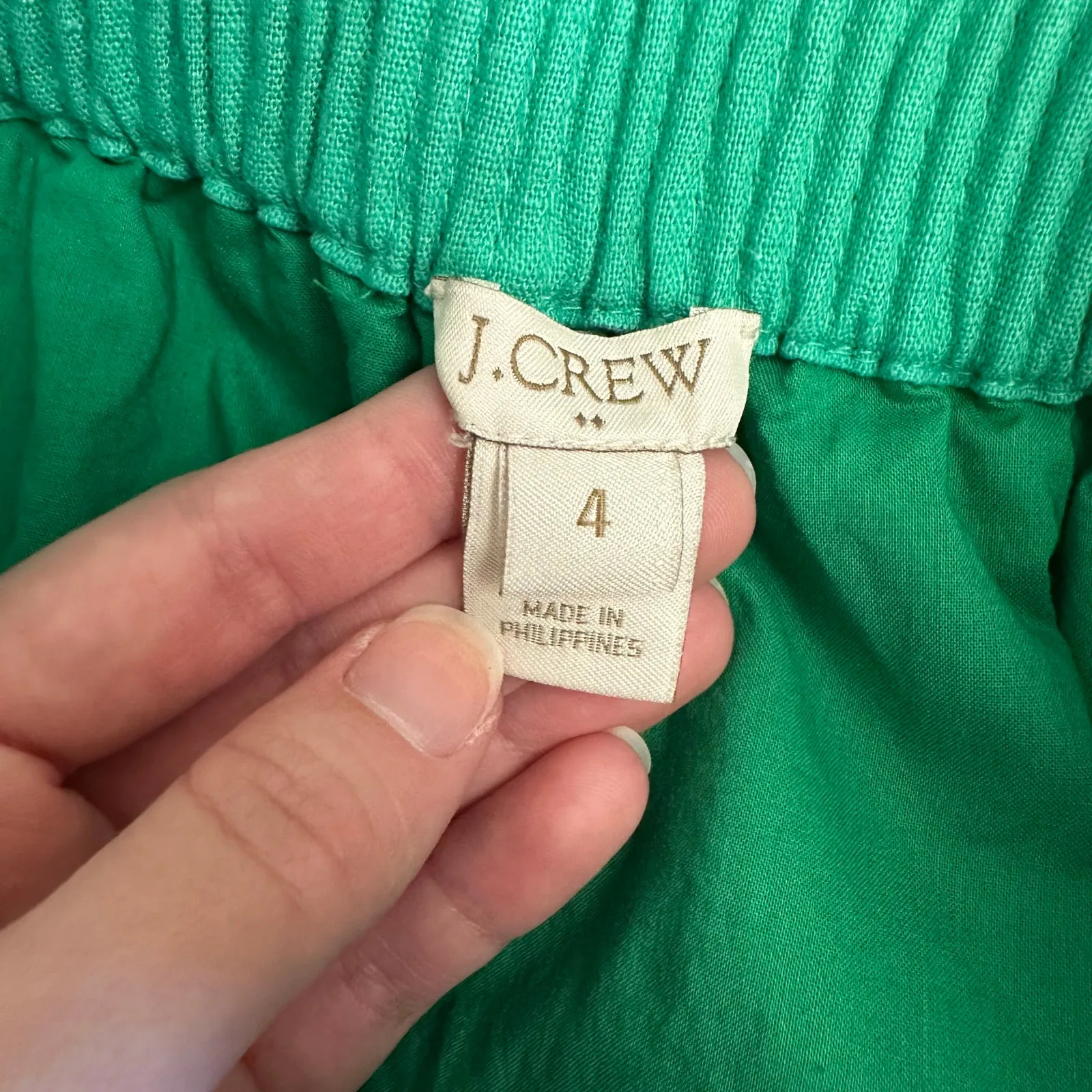 J.Crew‎ Women’s 4 Linen Cotton Smocked Waist Mini Skirt Green Ruffle Hem Lined - Image 2