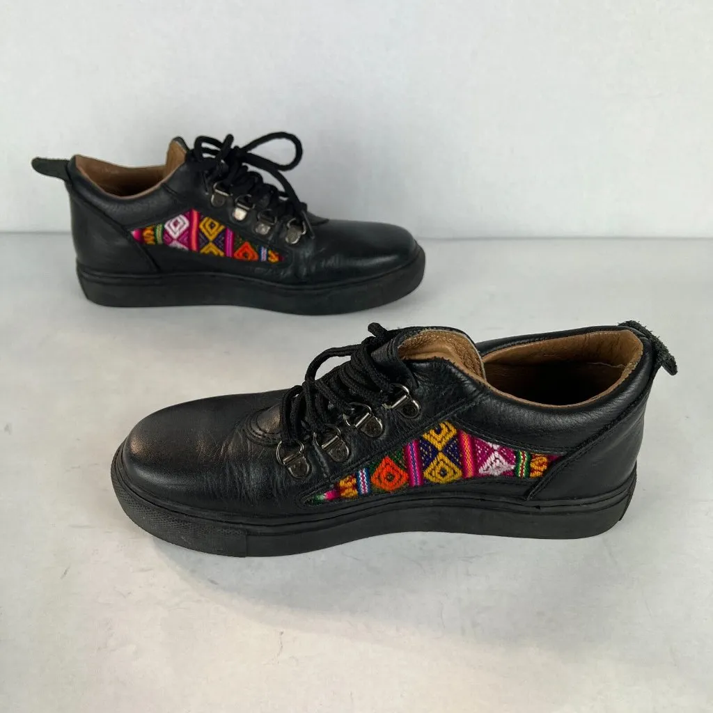 Inkkas Leather Sneaker Shoes Womens 7 Mens 4 Black Embroidered‎ Aztec Multicolor - Image 10