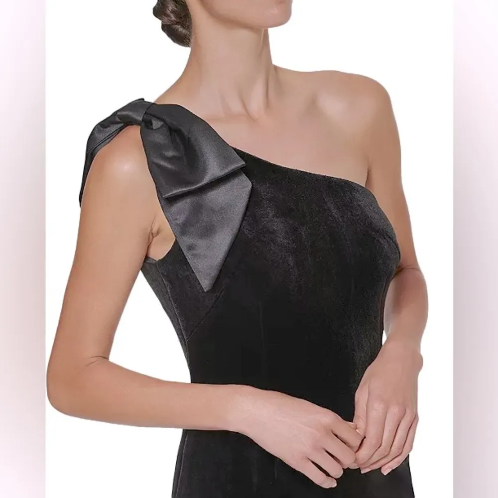 Eliza J Smokey Charcoal Grey Velvet One-Shoulder Formal Gown Size 12 Large - Image 4