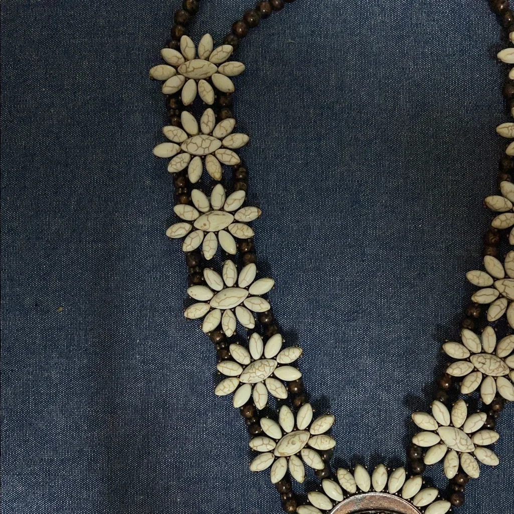 Squash Blossom Style necklace with real stone and bronze colored setting Brown - Image 4