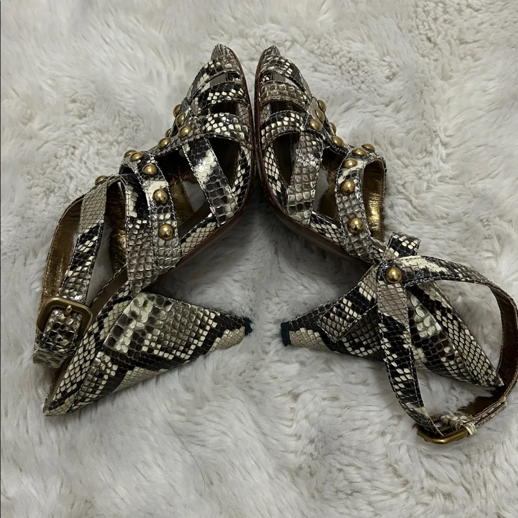 Prada Snakeskin Studded Heeled Slingback Sandals - Image 3