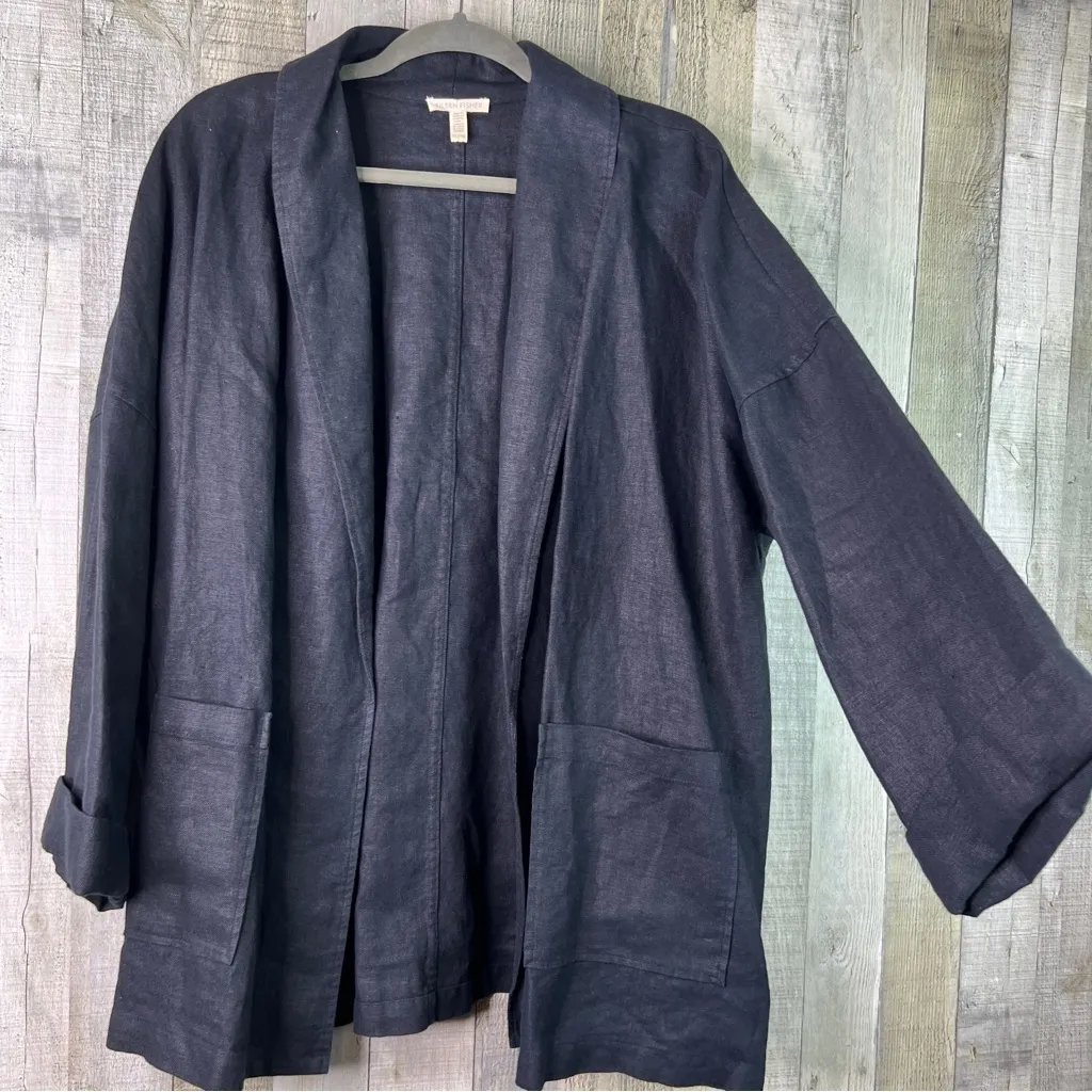 Eileen Fisher Linen Black XL Open Front Long Sleeve Cardigan Jacket w/Pockets - Image 3